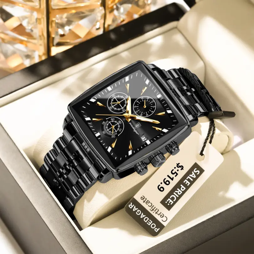 Reloj POEDAGAR de negocios para hombre, Reloj resistente al agua con calendario luminoso, cronógrafo cuadrado para hombre, relojes de cuarzo de acero inoxidable para hombre 1