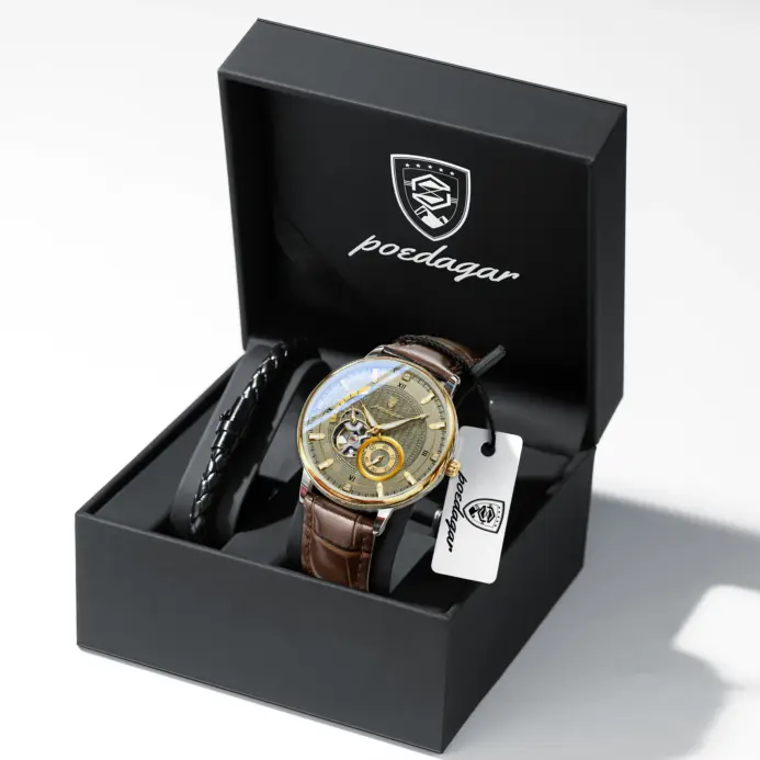 Reloj deportivo militar POEDAGAR para hombre, resistente al agua, luminoso, Tourbillon hueco, reloj para hombre, relojes mecánicos automáticos de cuero para hombre + caja 1