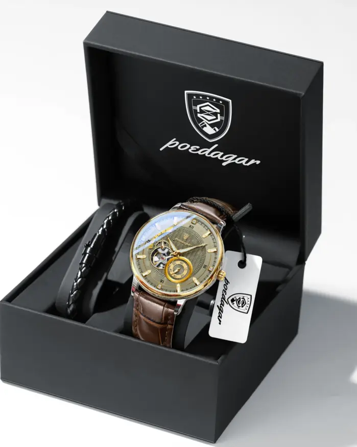 Reloj deportivo militar POEDAGAR para hombre, resistente al agua, luminoso, Tourbillon hueco, reloj para hombre, relojes mecánicos automáticos de cuero para hombre + caja 1