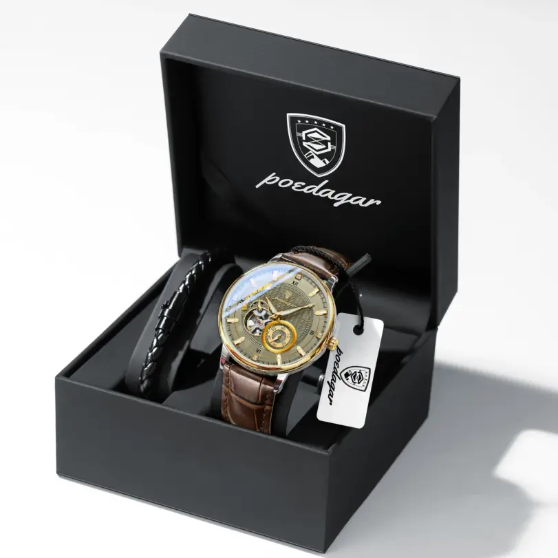 Reloj deportivo militar POEDAGAR para hombre, resistente al agua, luminoso, Tourbillon hueco, reloj para hombre, relojes mecánicos automáticos de cuero para hombre + caja 1 Reloj deportivo militar POEDAGAR para hombre, resistente al agua, luminoso, Tourbillon hueco, reloj para hombre, relojes mecánicos automáticos de cuero para hombre + caja 1