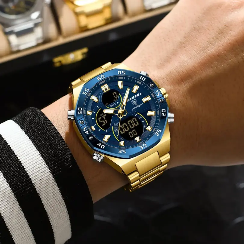 POEDAGAR, reloj Original superior para hombre, reloj de pulsera LED luminoso resistente al agua con fecha semanal para hombre, relojes electrónicos de cuarzo de acero inoxidable para hombre 5