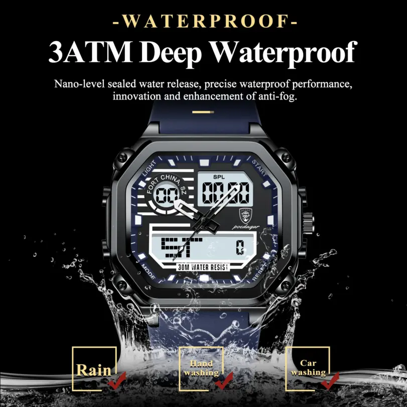 Reloj deportivo LED POEDAGAR para hombre, pantalla de doble horario, reloj Digital de semana con fecha cuadrada para hombre, correa de silicona electrónica, relojes de cuarzo para hombre 3