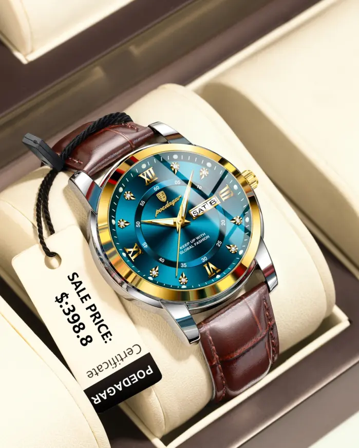 POEDAGAR-Reloj de pulsera de cuero para hombre, cronógrafo deportivo de cuarzo, luminoso, resistente al agua, con fecha y semana 1