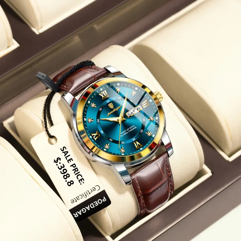 POEDAGAR-Reloj de pulsera de cuero para hombre, cronógrafo deportivo de cuarzo, luminoso, resistente al agua, con fecha y semana 1