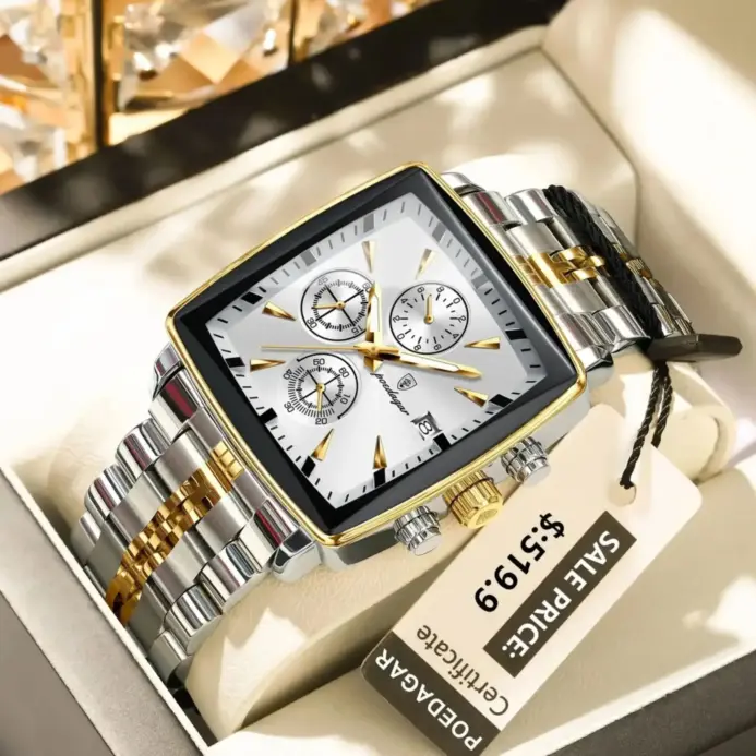 POEDAGAR-Reloj de pulsera deportivo cuadrado para hombre, cronógrafo de cuarzo, luminoso, resistente al agua, de lujo, de acero inoxidable 2