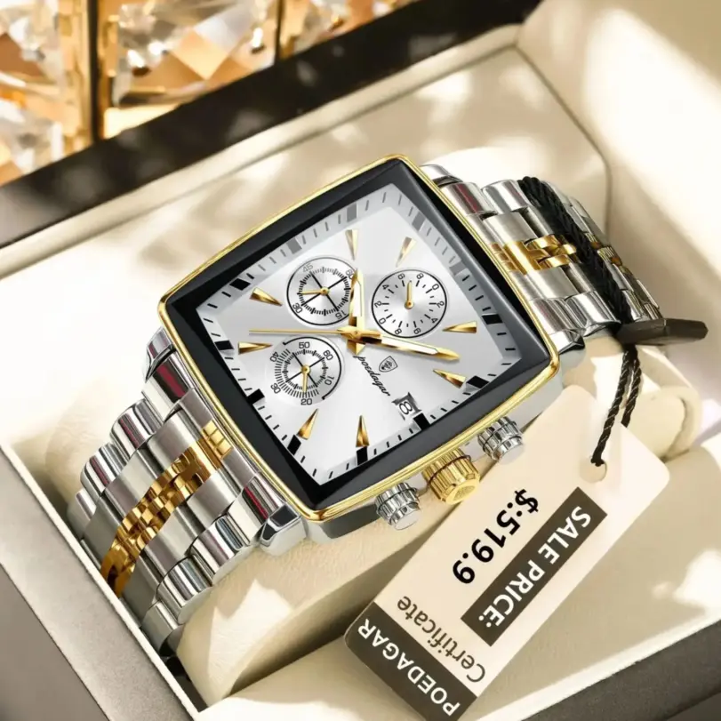 POEDAGAR-Reloj de pulsera deportivo cuadrado para hombre, cronógrafo de cuarzo, luminoso, resistente al agua, de lujo, de acero inoxidable 2