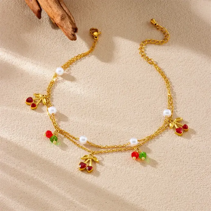 Tobillera de perlas de cereza de doble capa de acero inoxidable 316L para mujer, cadena de color dorado a la moda, joyería estética de playa de verano 1