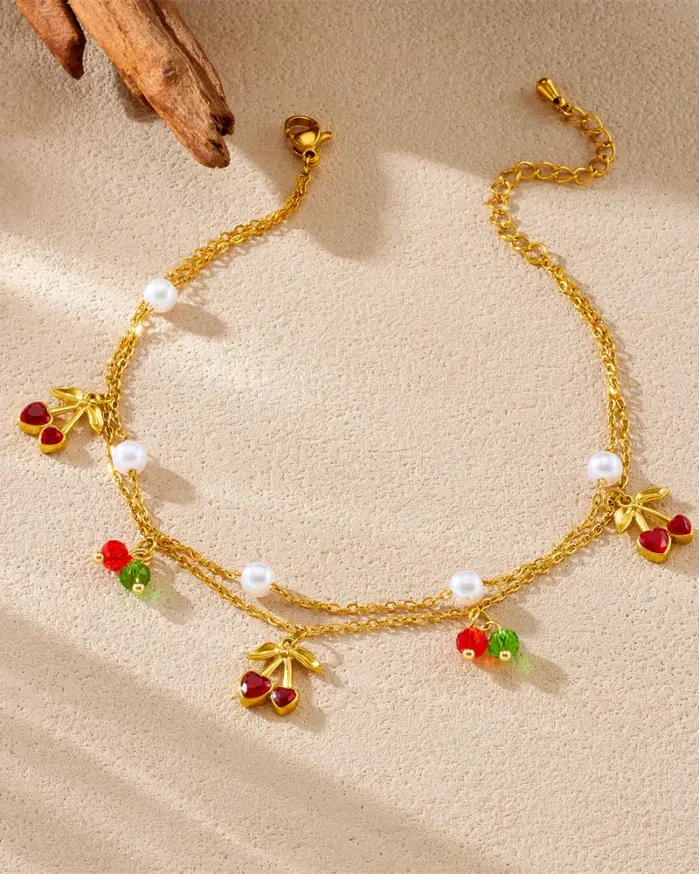 Tobillera de perlas de cereza de doble capa de acero inoxidable 316L para mujer, cadena de color dorado a la moda, joyería estética de playa de verano 1