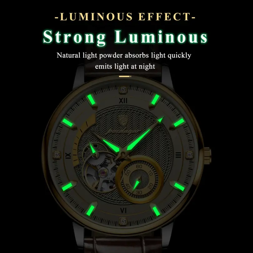 Reloj deportivo militar POEDAGAR para hombre, resistente al agua, luminoso, Tourbillon hueco, reloj para hombre, relojes mecánicos automáticos de cuero para hombre + caja 3
