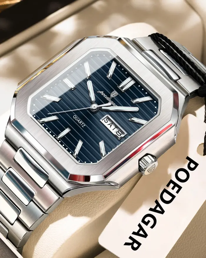 Reloj de pulsera POEDAGAR cuadrado de lujo a la moda para hombre, resistente al agua, luminoso, con fecha y semana, relojes de cuarzo para hombre, Reloj de acero inoxidable para hombre 1