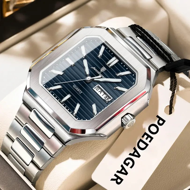 Reloj de pulsera POEDAGAR cuadrado de lujo a la moda para hombre, resistente al agua, luminoso, con fecha y semana, relojes de cuarzo para hombre, Reloj de acero inoxidable para hombre 1