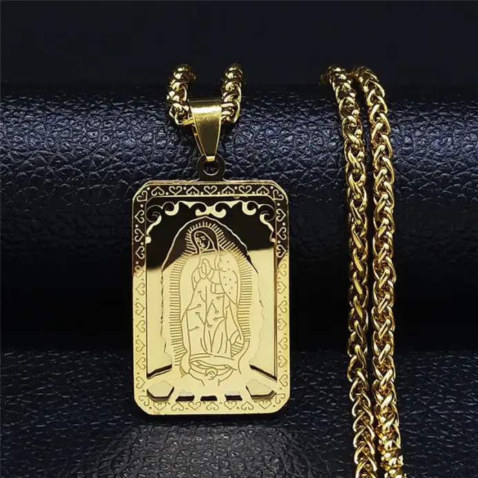 HNSP Collar con Colgante Cuadrado de la Virgen de Guadalupe en Acero Inoxidable, Joyería Religiosa Católica 1