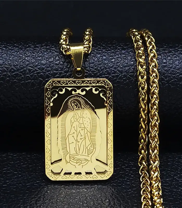 HNSP Collar con Colgante Cuadrado de la Virgen de Guadalupe en Acero Inoxidable, Joyería Religiosa Católica 1