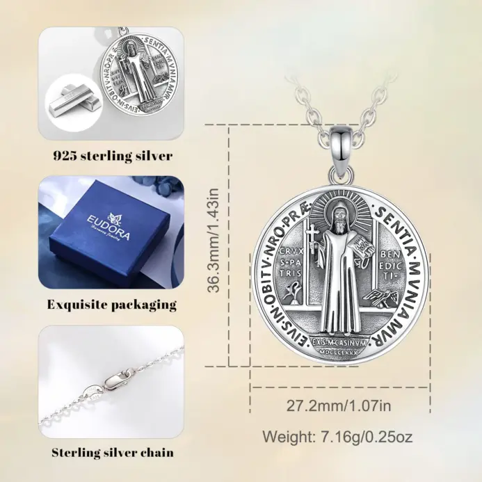 Original Plata de Ley 925 collar con medalla de San Benito Cruz amuleto colgante joyería religiosa regalo para hombre 2