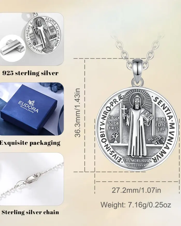 Original Plata de Ley 925 collar con medalla de San Benito Cruz amuleto colgante joyería religiosa regalo para hombre 2