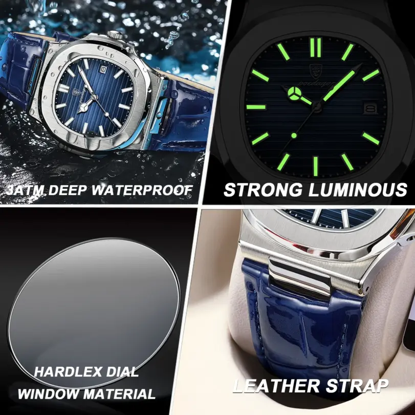 POEDAGAR-reloj cuadrado de lujo para hombre, pulsera de cuarzo resistente al agua con fecha, luminoso, de cuero de alta calidad + caja 3