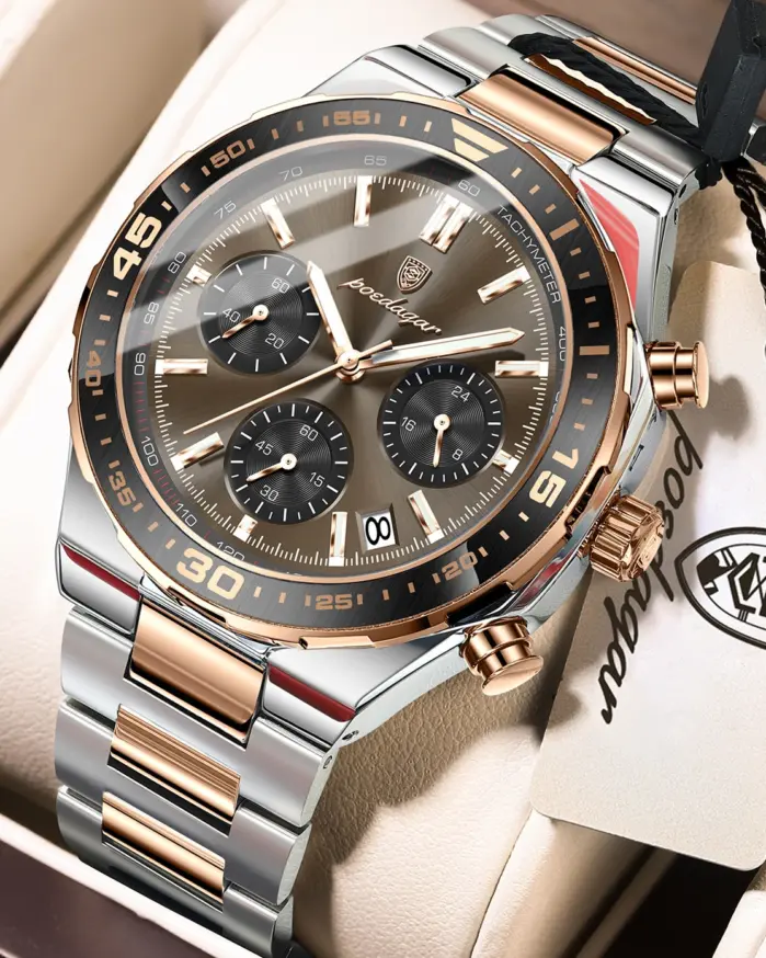 Reloj deportivo de lujo POEDAGAR para hombre, de acero inoxidable, cuarzo, resistente al agua, luminoso, con fecha, cronógrafo, reloj de pulsera para hombre + caja 1