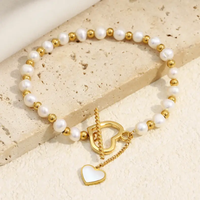 Pulsera MamacitaSlay de Acero Inoxidable 316L con Corazón de Concha de Perla y Cierre OT, Chapada en Oro de 18K, Resistente al Agua, Joyería Elegante para Mujer 4