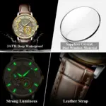 Reloj deportivo militar POEDAGAR para hombre, resistente al agua, luminoso, Tourbillon hueco, reloj para hombre, relojes mecánicos automáticos de cuero para hombre + caja 4