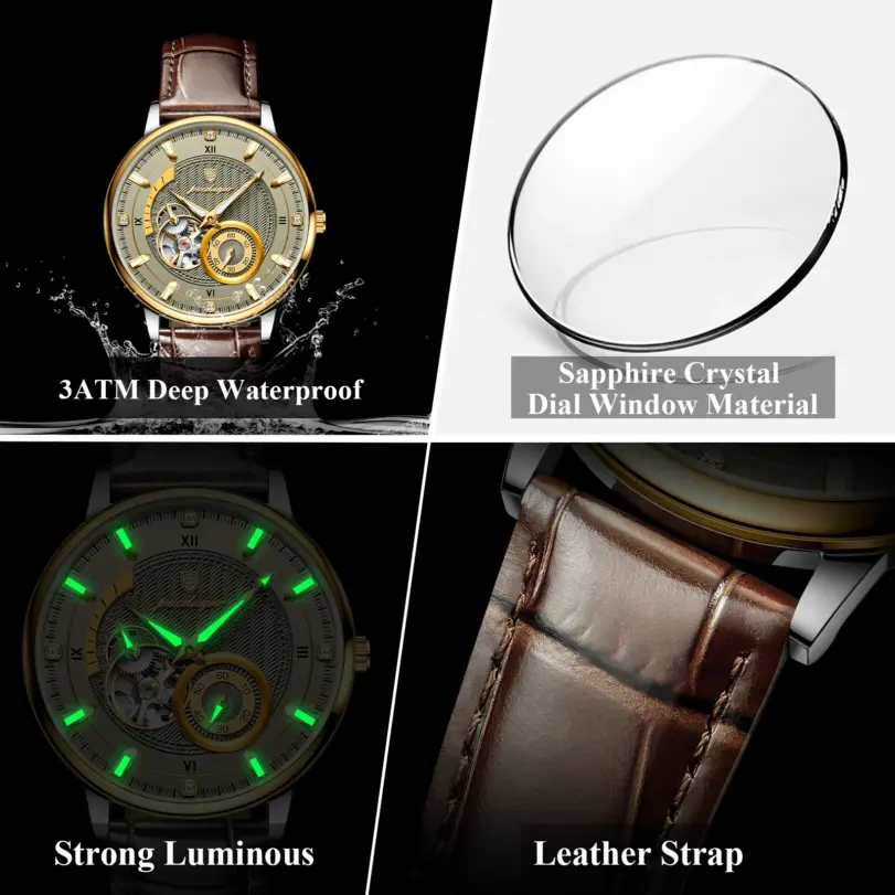 Reloj deportivo militar POEDAGAR para hombre, resistente al agua, luminoso, Tourbillon hueco, reloj para hombre, relojes mecánicos automáticos de cuero para hombre + caja 4