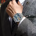 POEDAGAR, reloj de moda para hombre, reloj rectangular resistente al agua con fecha y semana LED para hombre, relojes electrónicos de cuarzo de acero inoxidable con malla para hombre 6