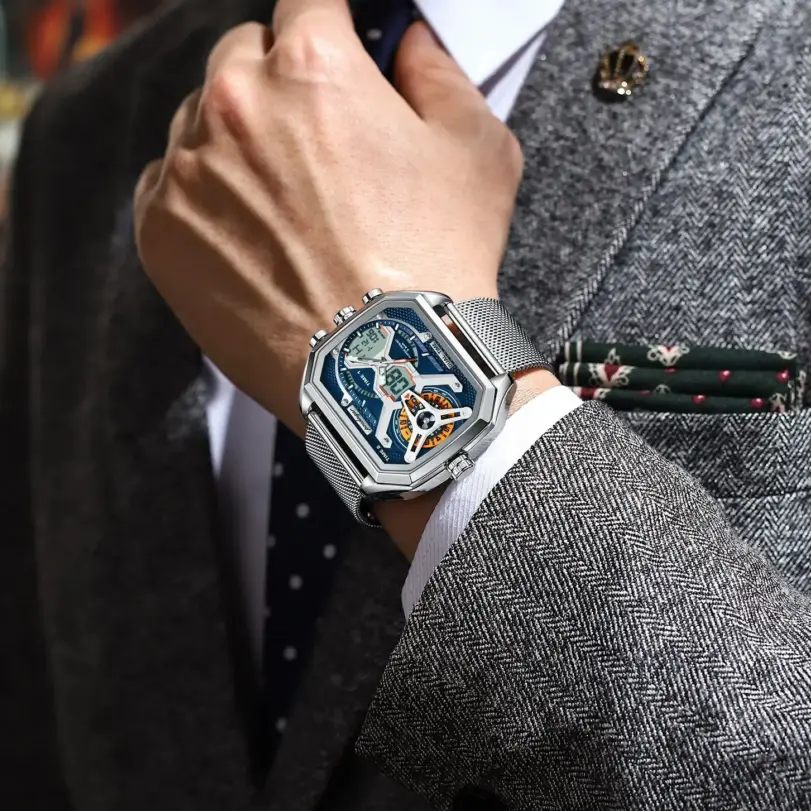POEDAGAR, reloj de moda para hombre, reloj rectangular resistente al agua con fecha y semana LED para hombre, relojes electrónicos de cuarzo de acero inoxidable con malla para hombre 6