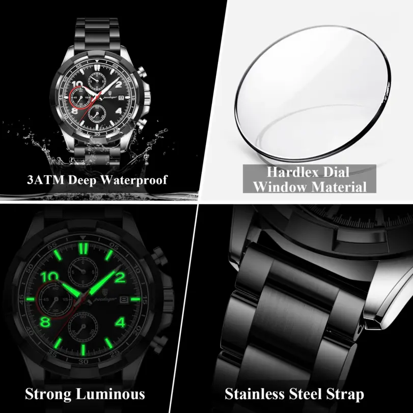 POEDAGAR, reloj Original superior para hombre con fecha, cronógrafo luminoso resistente al agua, reloj para hombre, relojes militares de cuarzo de acero inoxidable para hombre 3