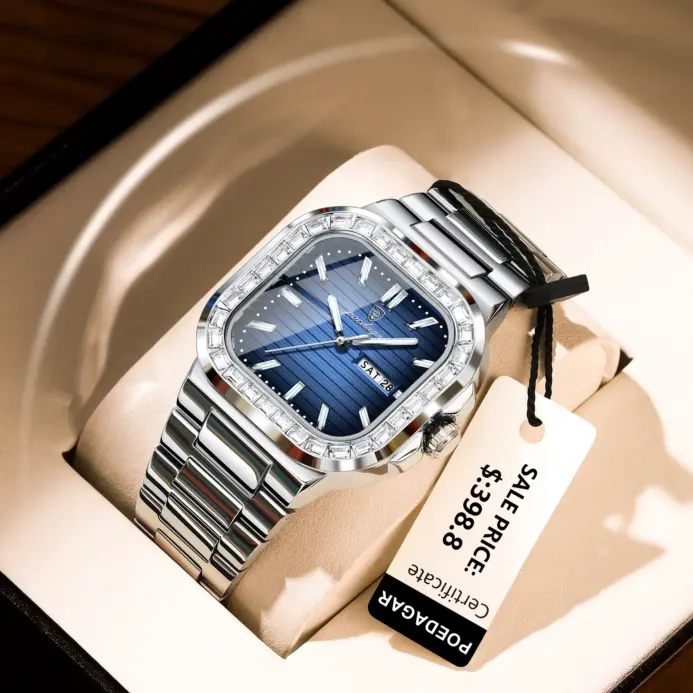 POEDAGAR, reloj cuadrado de lujo para hombre, resistente al agua, luminoso, con fecha, semana, reloj para hombre, relojes de cuarzo informales de acero inoxidable a la moda para hombre 2