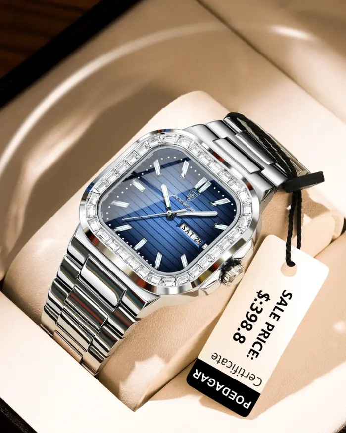POEDAGAR, reloj cuadrado de lujo para hombre, resistente al agua, luminoso, con fecha, semana, reloj para hombre, relojes de cuarzo informales de acero inoxidable a la moda para hombre 2