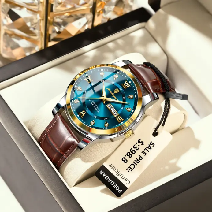 POEDAGAR-Reloj de pulsera de cuero para hombre, cronógrafo deportivo de cuarzo, luminoso, resistente al agua, con fecha y semana 2