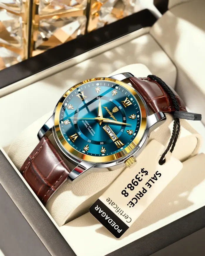 POEDAGAR-Reloj de pulsera de cuero para hombre, cronógrafo deportivo de cuarzo, luminoso, resistente al agua, con fecha y semana 2
