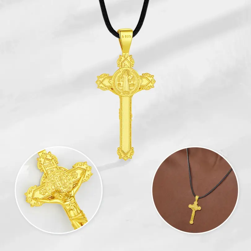 collar de plata de ley 925 con crucifijo, cruz de Jesús, oro de 18k, colgante religioso de San Benito, joyería de San Benito, regalo para hombres 3