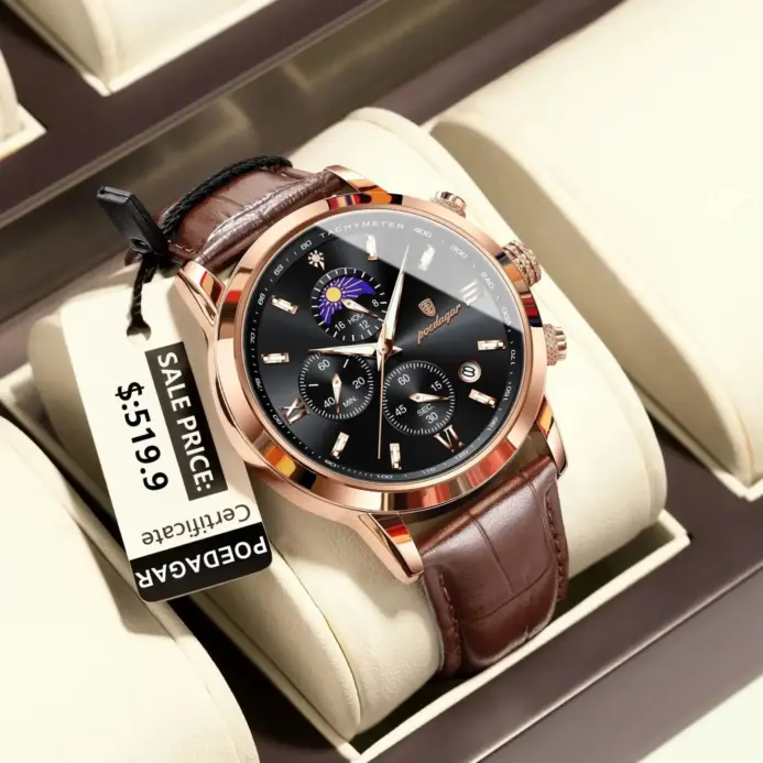 POEDAGAR, Reloj deportivo de lujo para hombre, resistente al agua, luminoso, cronógrafo con fecha, Reloj de pulsera para hombre, relojes de cuarzo de cuero para hombre, Reloj masculino 2