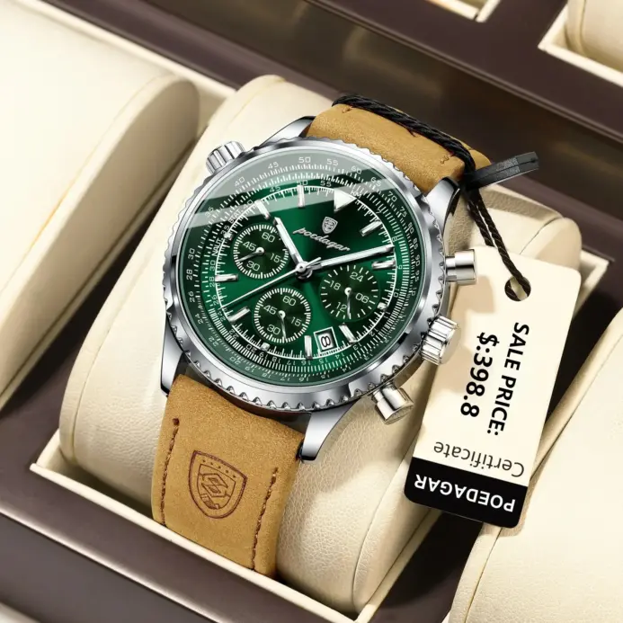 POEDAGAR, Reloj de lujo para hombre, resistente al agua, luminoso, cronógrafo con fecha, Reloj de pulsera deportivo para hombre, relojes de cuarzo de cuero para hombre, Reloj masculino 2