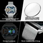 POEDAGAR, reloj de moda para hombre, reloj rectangular resistente al agua con fecha y semana LED para hombre, relojes electrónicos de cuarzo de acero inoxidable con malla para hombre 4