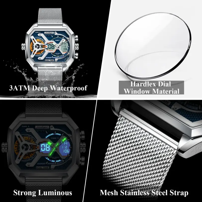 POEDAGAR, reloj de moda para hombre, reloj rectangular resistente al agua con fecha y semana LED para hombre, relojes electrónicos de cuarzo de acero inoxidable con malla para hombre 4