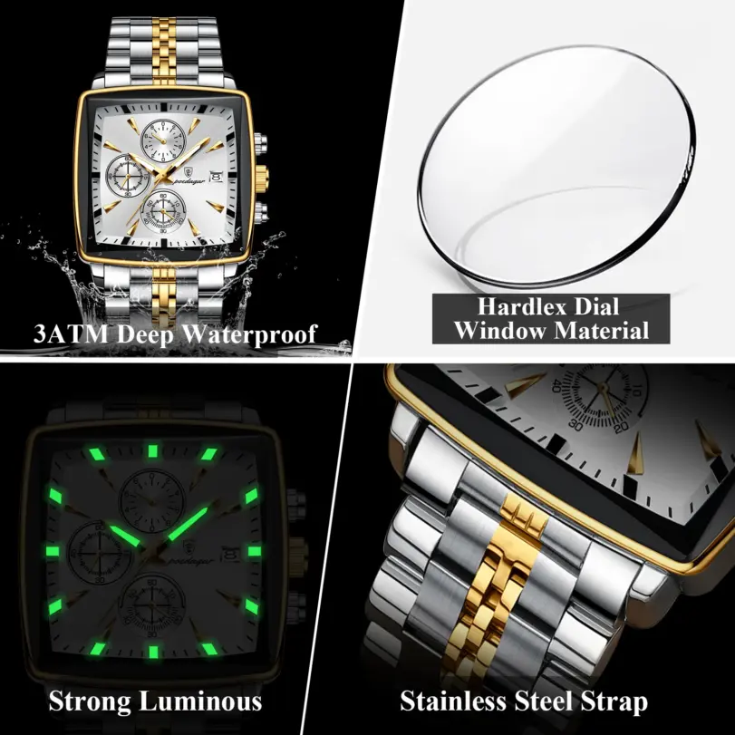 POEDAGAR-Reloj de pulsera deportivo cuadrado para hombre, cronógrafo de cuarzo, luminoso, resistente al agua, de lujo, de acero inoxidable 4