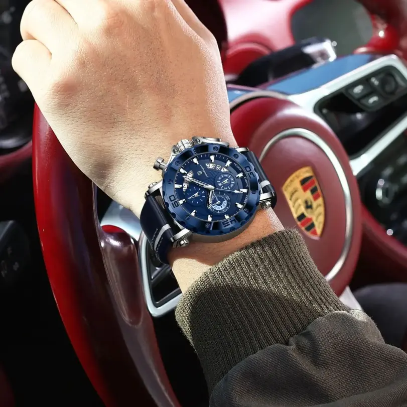 Reloj POEDAGAR de alta calidad para hombre, resistente al agua, fecha luminosa, reloj de moda para hombre, cronógrafo de cuero, relojes de cuarzo para hombre + caja 6