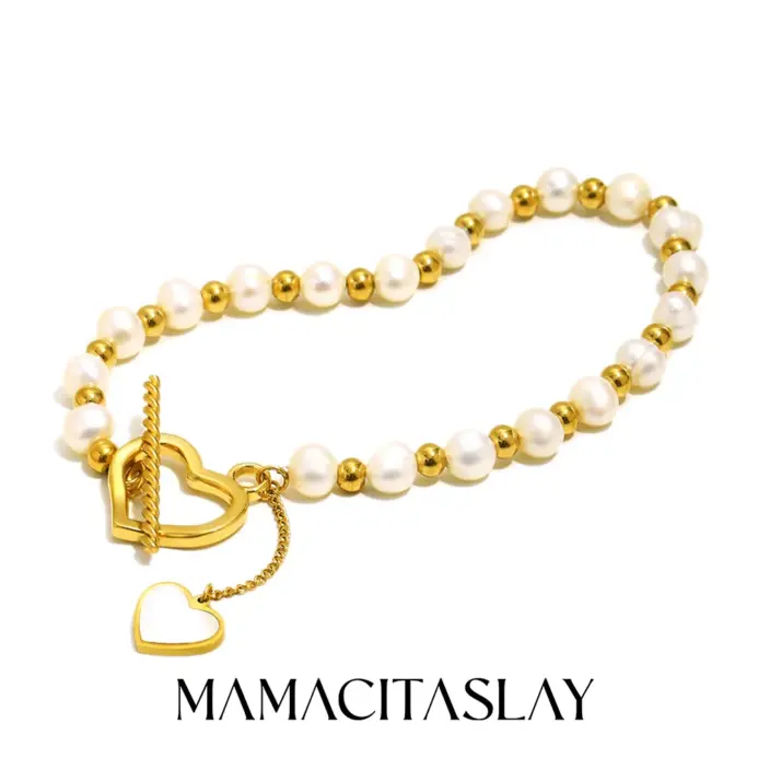 Pulsera MamacitaSlay de Acero Inoxidable 316L con Corazón de Concha de Perla y Cierre OT, Chapada en Oro de 18K, Resistente al Agua, Joyería Elegante para Mujer 1