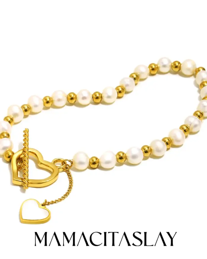 Pulsera MamacitaSlay de Acero Inoxidable 316L con Corazón de Concha de Perla y Cierre OT, Chapada en Oro de 18K, Resistente al Agua, Joyería Elegante para Mujer 1