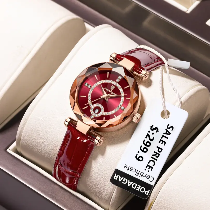 Reloj POEDAGAR de lujo para mujer, relojes de cuero con fecha resistente al agua de alta calidad para mujer, reloj informal de cuarzo para mujer + caja 1