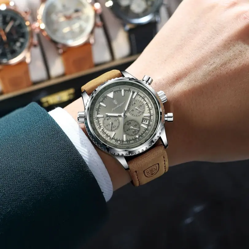POEDAGAR, reloj de moda de alta calidad para hombre, cronógrafo, calendario luminoso resistente al agua, reloj de pulsera para hombre, relojes de cuarzo de cuero para hombre + caja 5
