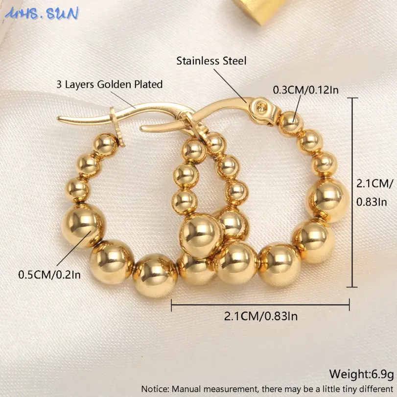 MHS.SUN pendientes de aro de acero inoxidable redondos cuadrados chapados en oro de lujo, pendientes de cuentas de bola cruzada para mujeres y niñas, joyería de boda 4