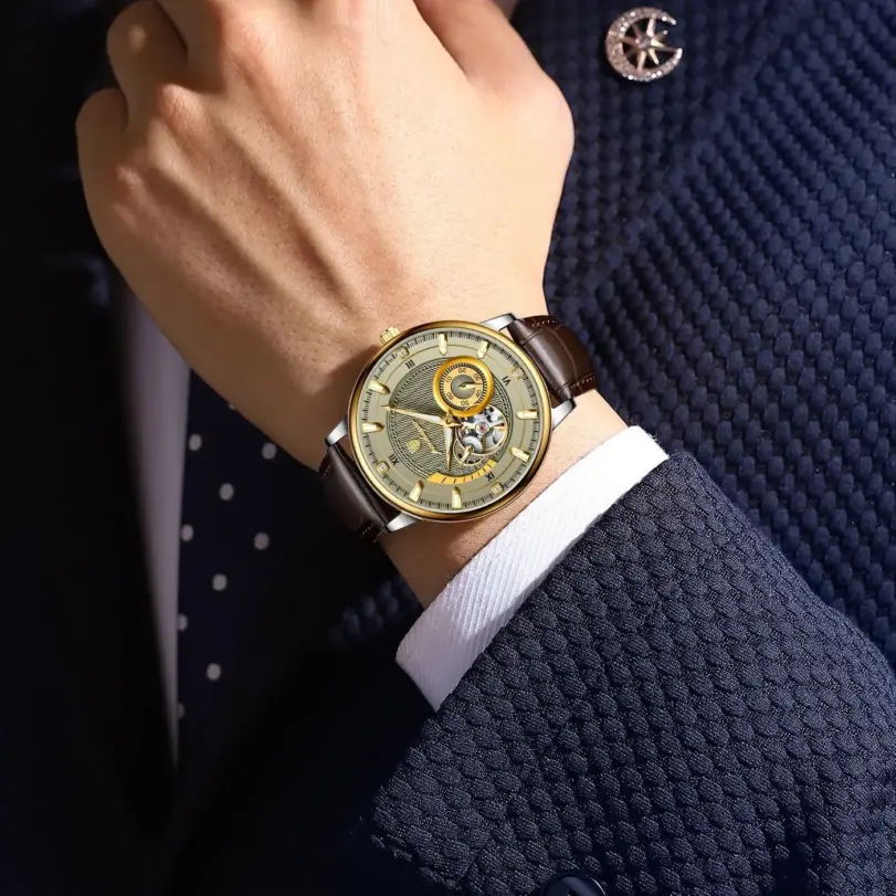 Reloj deportivo militar POEDAGAR para hombre, resistente al agua, luminoso, Tourbillon hueco, reloj para hombre, relojes mecánicos automáticos de cuero para hombre + caja 6