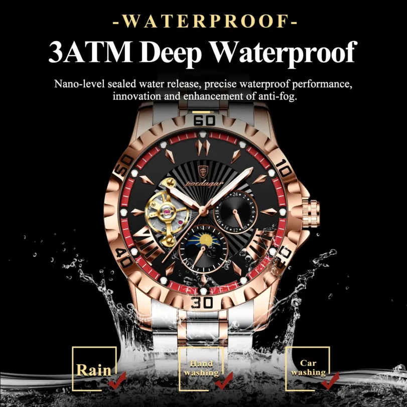 Reloj POEDAGAR de lujo para hombre, Tourbillon hueco, reloj mecánico automático para hombre, relojes luminosos impermeables de acero inoxidable para hombre + caja 3