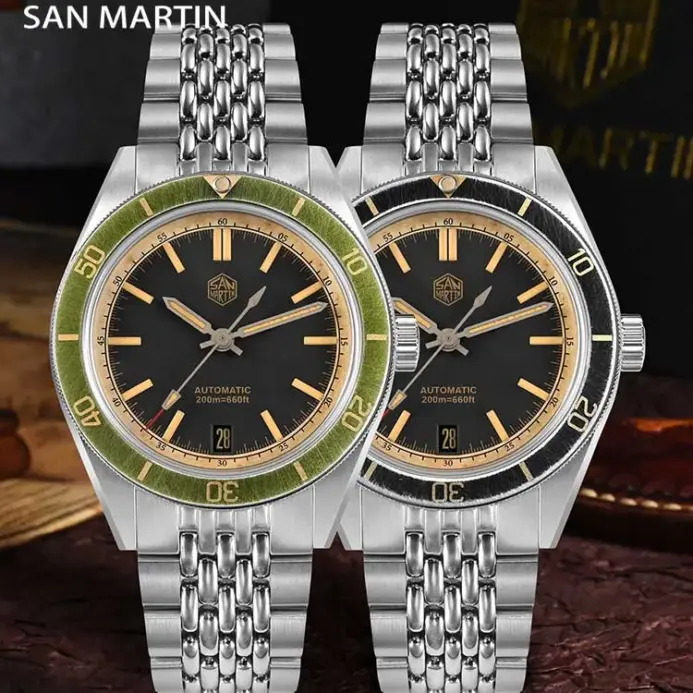 Reloj de buceo San Martin de 39,5mm para hombre, Reloj mecánico automático NH35 con efecto desgastado Vintage, resistente al agua 200m C3 Lume SN0116 Reloj 2