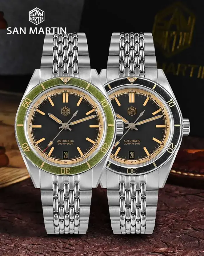 Reloj de buceo San Martin de 39,5mm para hombre, Reloj mecánico automático NH35 con efecto desgastado Vintage, resistente al agua 200m C3 Lume SN0116 Reloj 2