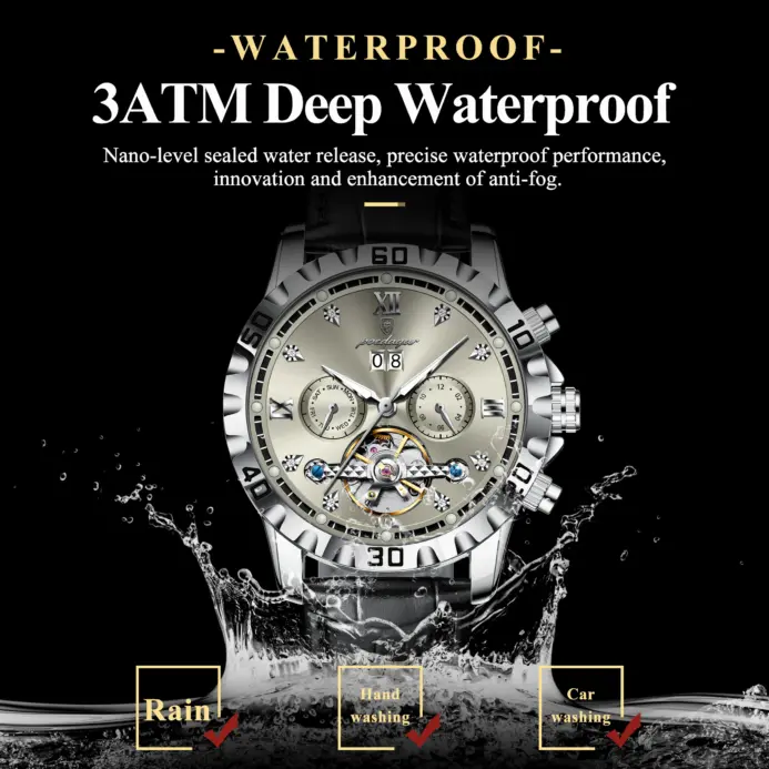 POEDAGAR, reloj de pulsera a la moda para hombre, Tourbillon hueco de lujo, fecha luminosa, semana, reloj para hombre, relojes mecánicos automáticos de cuero para hombre 2