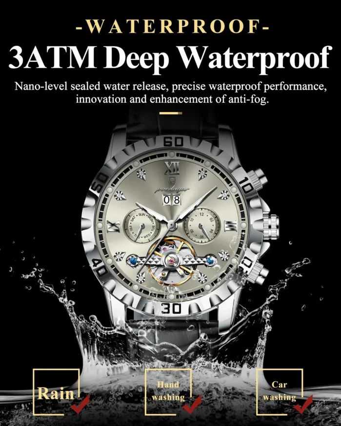 POEDAGAR, reloj de pulsera a la moda para hombre, Tourbillon hueco de lujo, fecha luminosa, semana, reloj para hombre, relojes mecánicos automáticos de cuero para hombre 2