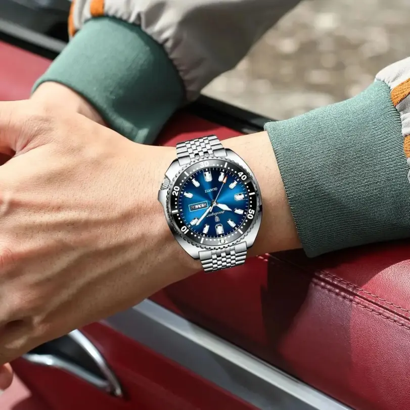 POEDAGAR Reloj de pulsera deportivo de lujo para hombre, Reloj de cuarzo luminoso resistente al agua con calendario semanal para hombre, relojes de acero inoxidable para hombre + caja 6